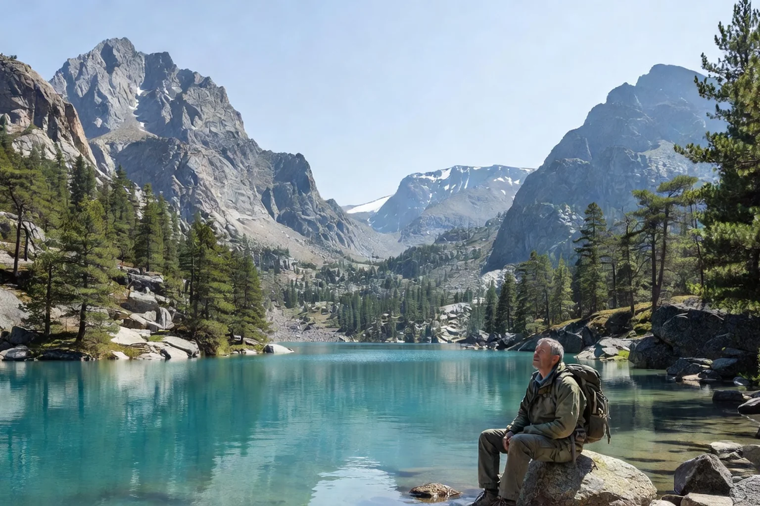 Lac Koutcherlin dans les monts Katoun de l'Altaï, eau turquoise limpide entourée de cimes rocheuses et de pins sibériens, randonneur assis sur un rocher au bord de l'eau