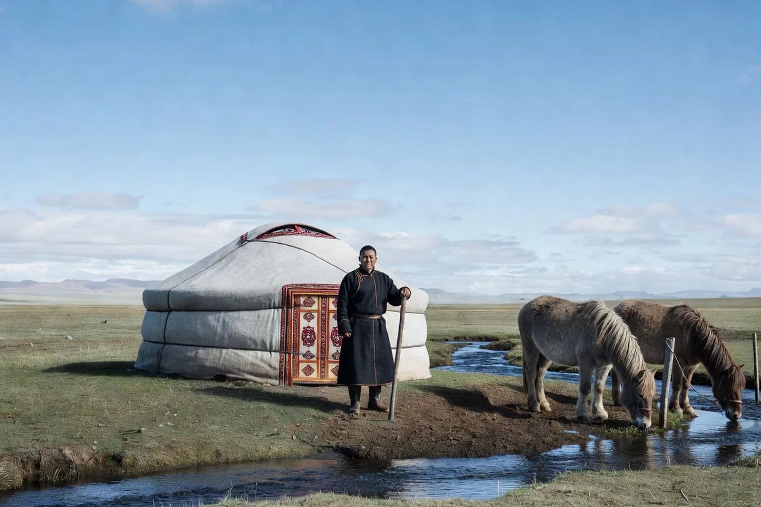 Campement de yourte nomade dans la steppe de l'Altaï, yourte blanche à porte peinte, homme en vêtements traditionnels devant la yourte, chevaux s'abreuvant à un ruisseau