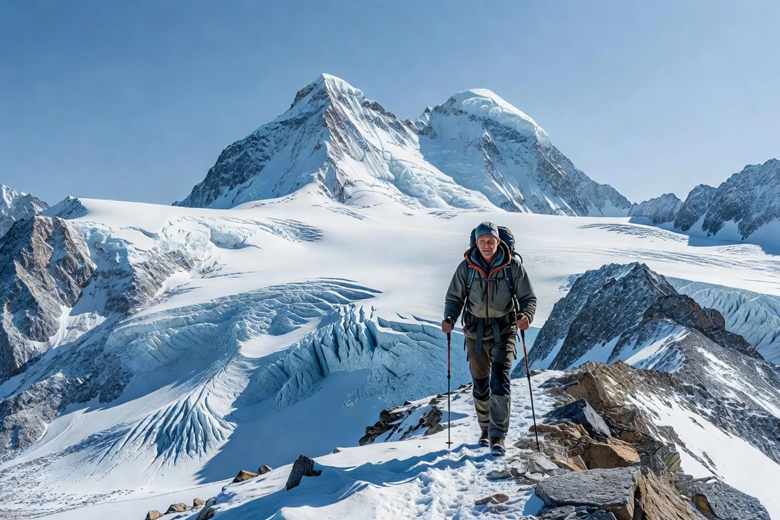 Alpiniste adulte avec sac à dos et bâtons sur une crête rocheuse du mont Beloukha, double pic enneigé dominant un glacier bleu
