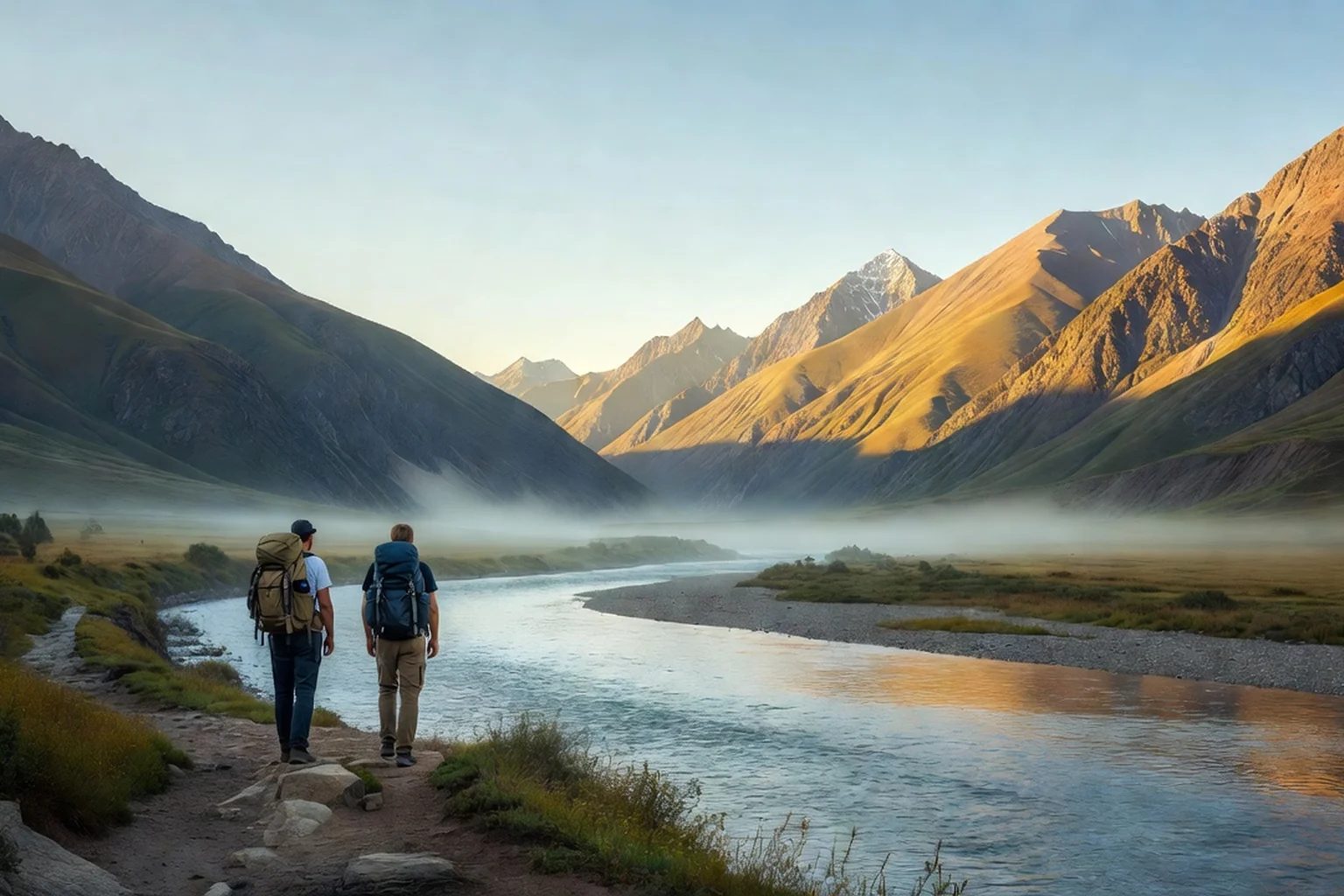 Deux randonneurs sur un sentier au-dessus de la rivière Katoun dans l'Altaï russe, montagnes dorées au lever du soleil