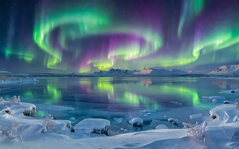 Aurore boreale intense au-dessus de la ville de Mourmansk illuminee la nuit en hiver