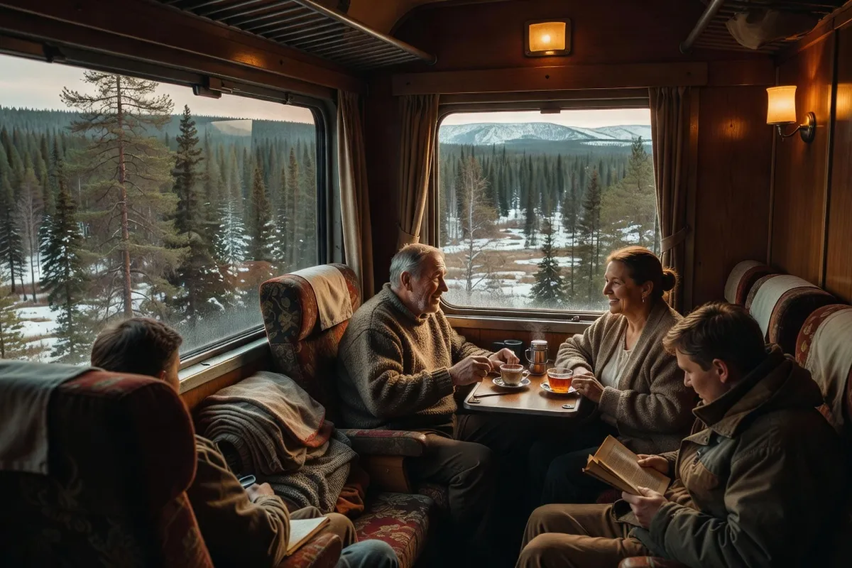 Intérieur d'un wagon de train russe sur la BAM, passagers, fenêtre sur la taïga sibérienne