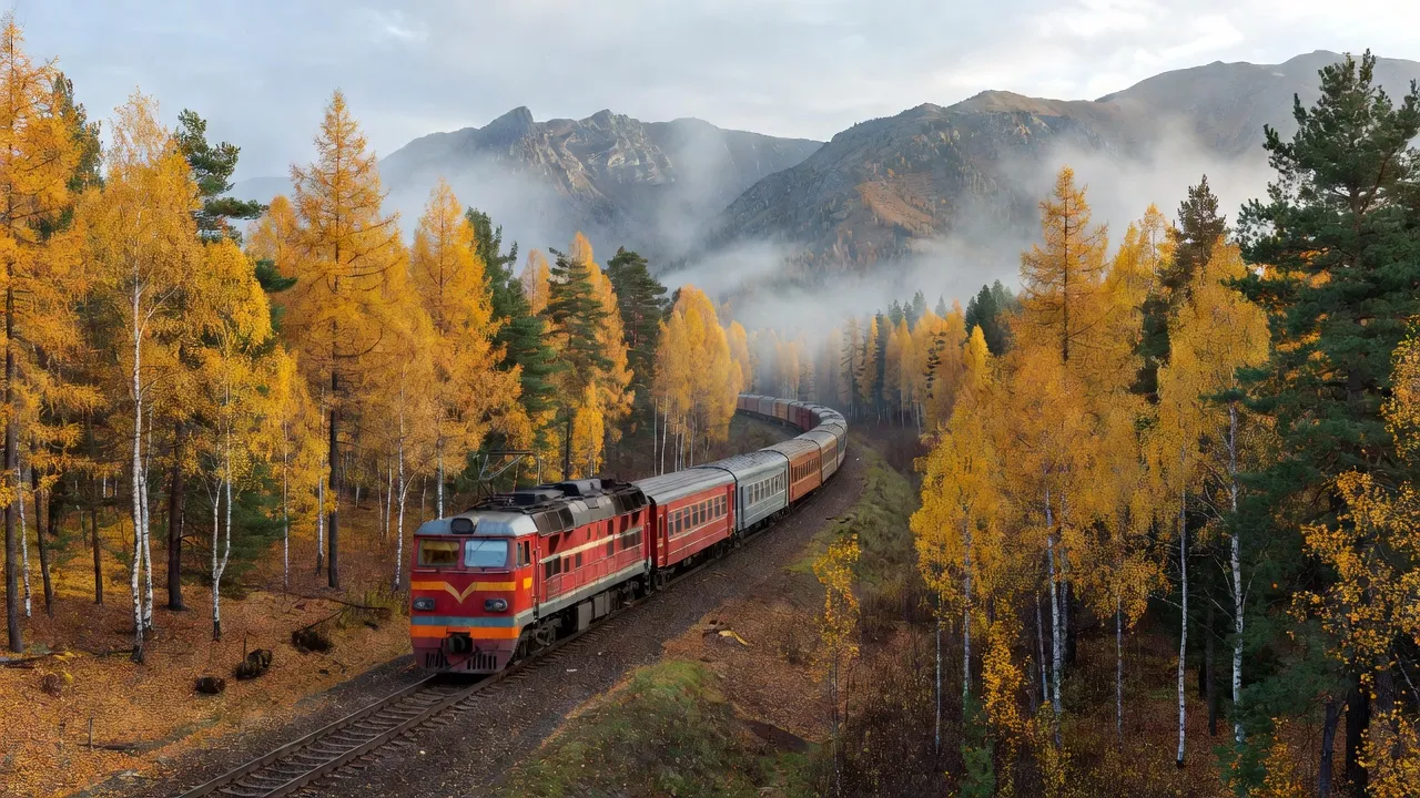 Train soviétique traversant la taïga sibérienne sur la ligne BAM (Baïkal-Amour), montagnes en arrière-plan