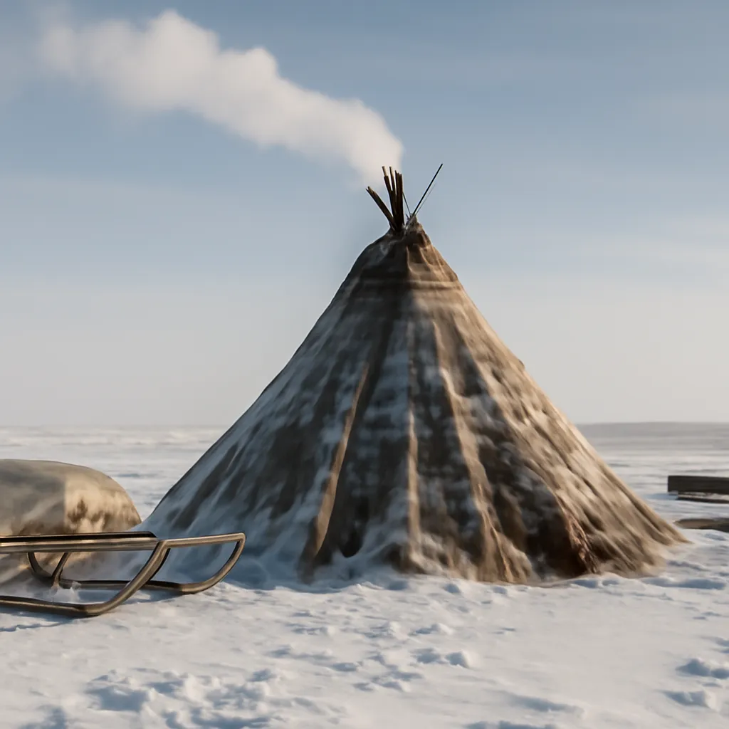 Chum traditionnel nenets monté sur la toundra pendant une étape de transhumance, fumée du poêle s'échappant du sommet