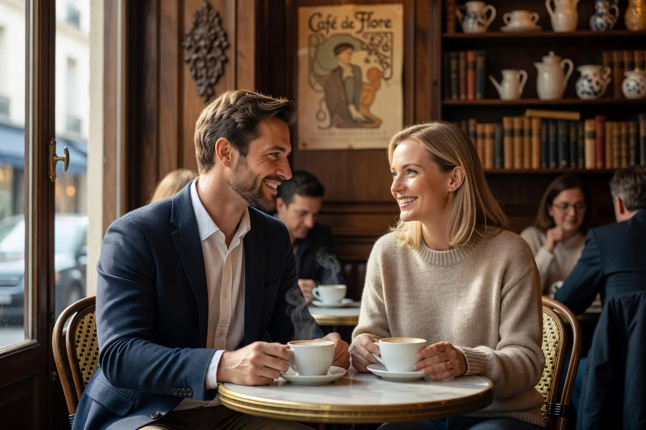 Couple franco-russe en discussion dans un café parisien lumineux
