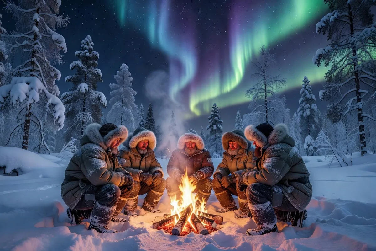 Groupe de voyageurs en expédition dans la taïga de Yakoutie par -35°C : équipement grand froid, motoneige et camp bivouac en zone reculée de Sibérie