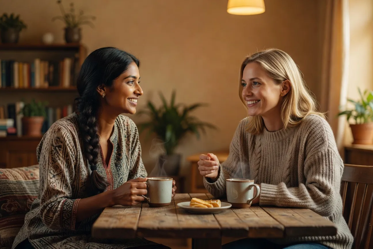 Deux femmes de cultures différentes en conversation sincère autour d'un café, sourires authentiques