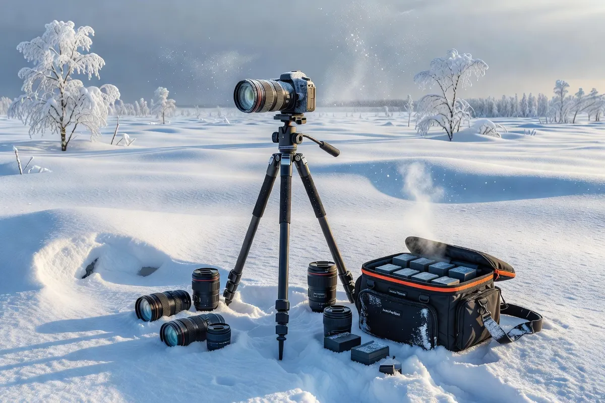 Matériel photographique préparé pour une session aurores boréales à -40°C près de Yakutsk : appareil Sony avec grip renforcé, batteries en pochette chauffante, trépied carbone