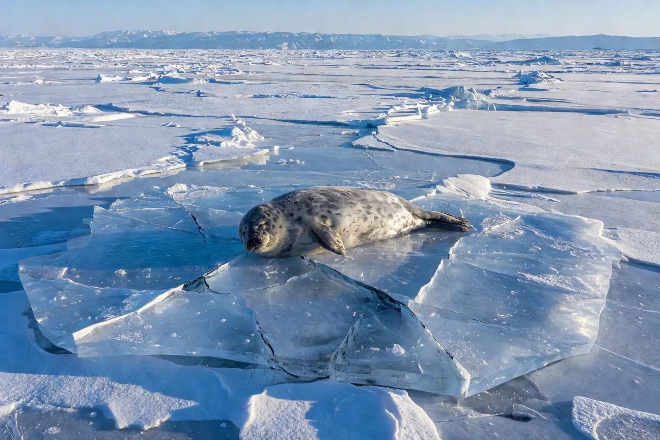 Phoque nerpa (Pusa sibirica) reposant sur de la glace dans le lac Baïkal, espèce endémique unique