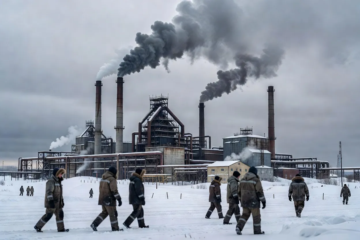 Fonderie et cheminées industrielles de Nornickel à Norilsk crachant de la fumée dans le ciel arctique