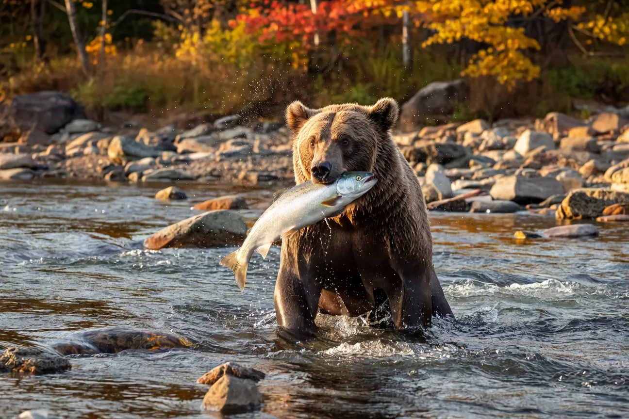 Ours brun du Kamtchatka pêchant le saumon dans une rivière