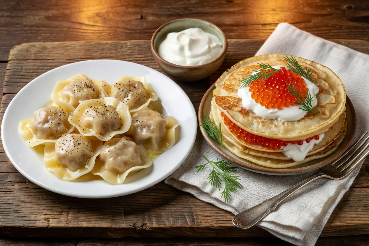 Pelmeni faits main et blinis dorés avec caviar et smetana