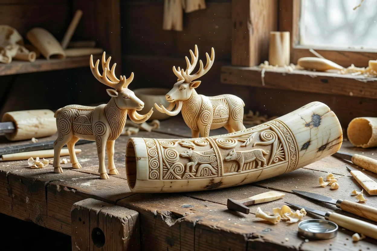 Sculpteur yakoute travaillant une défense d'ivoire de mammouth fossile dans un atelier traditionnel de Yakoutie