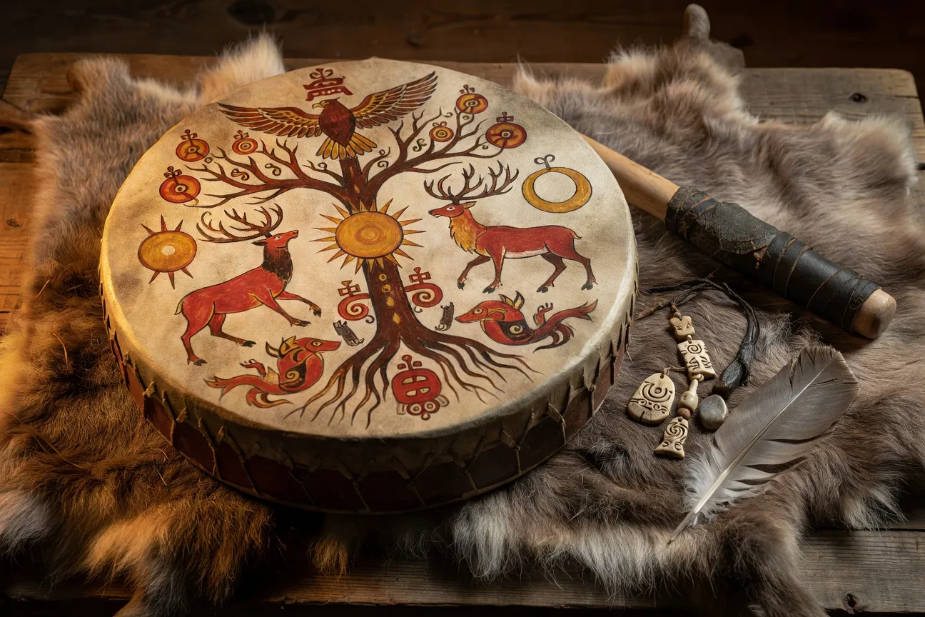 Tambour chamanique yakoute orne de symboles rituels traditionnels