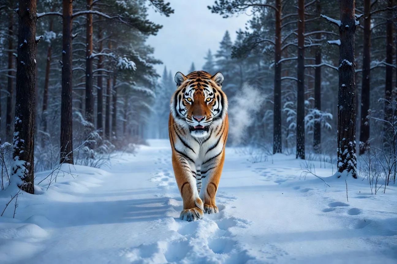 Tigre de l'Amour dans la forêt enneigée de l'Extrême-Orient russe