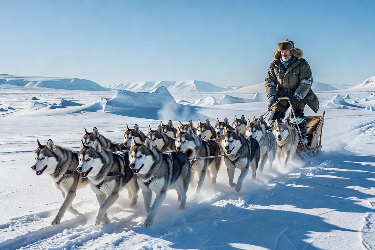 Attelage de chiens de traîneau tirant un traîneau sur la toundra enneigée de l'Arctique russe