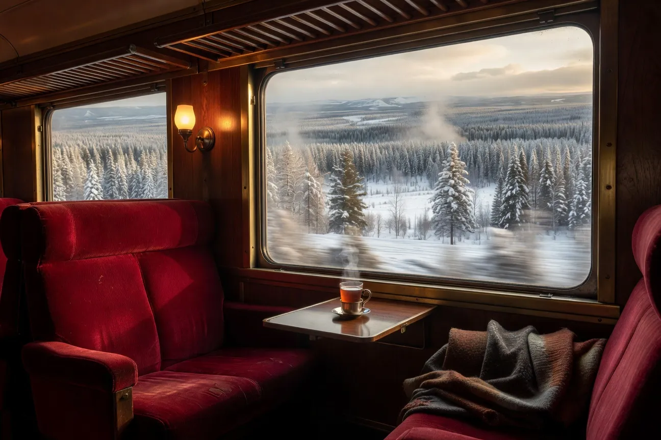 Compartiment du Transsibérien avec vue sur la taïga sibérienne enneigée, atmosphère de voyage ferroviaire