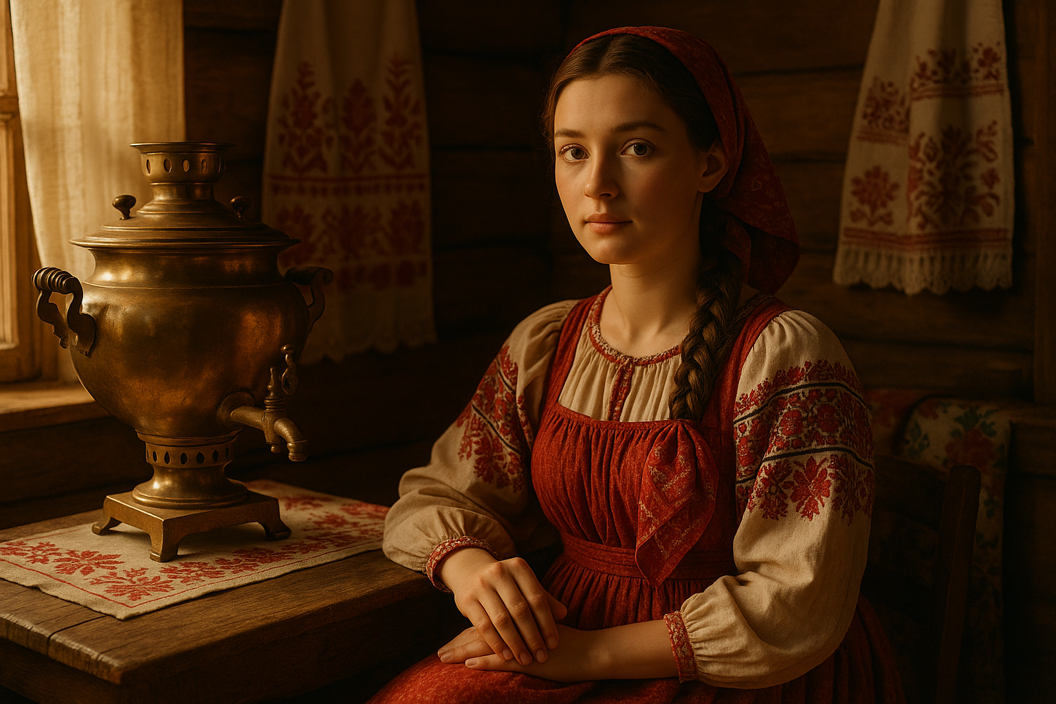 Portrait d'une femme slave dans un intérieur russe traditionnel avec samovar et textiles brodés