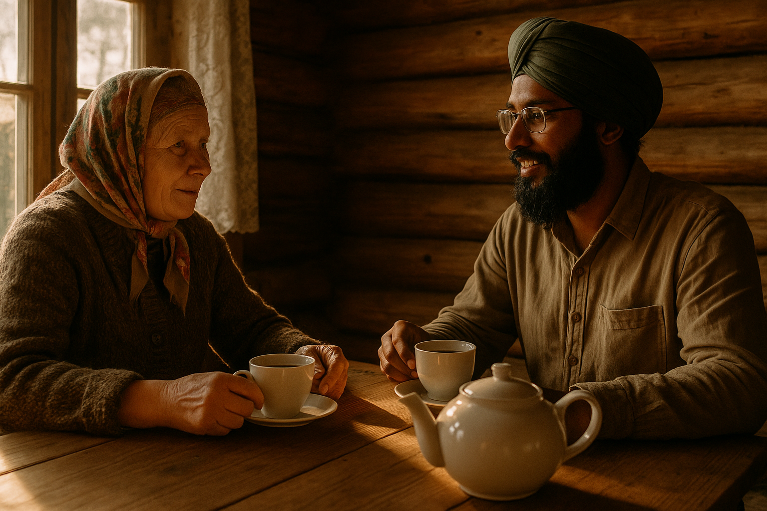 Deux personnes de cultures différentes discutant autour d'une tisane dans une cabane du Grand Nord