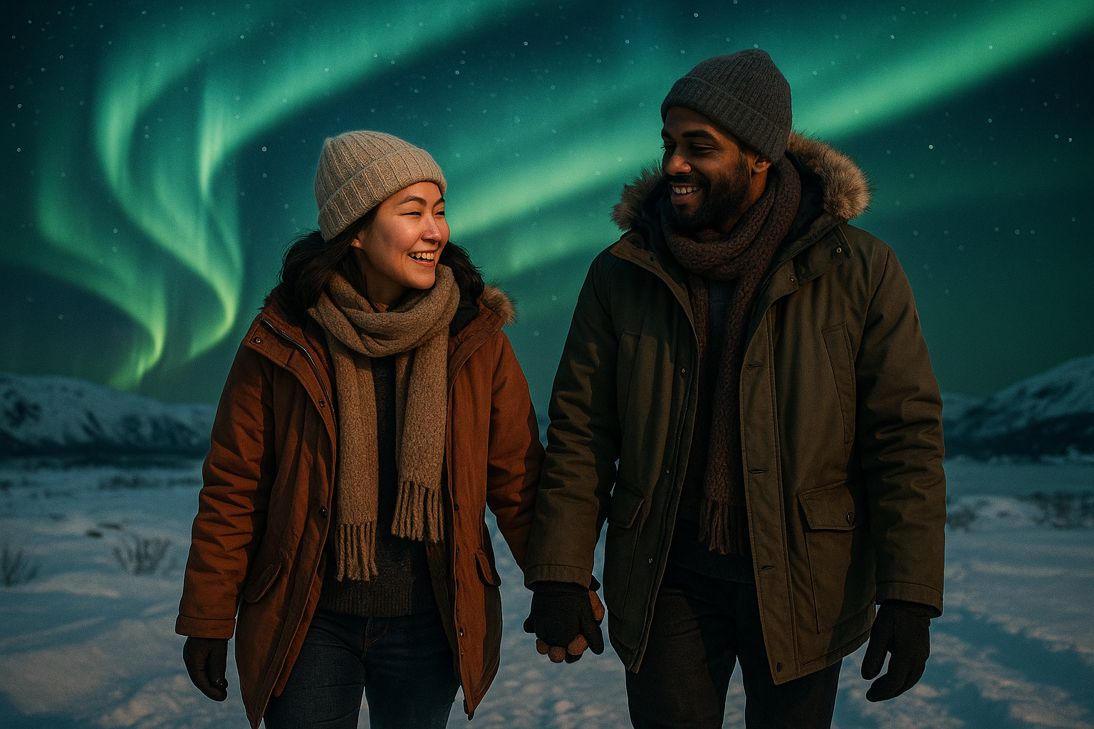 Couple interculturel marchant sous une aurore boréale en Russie arctique