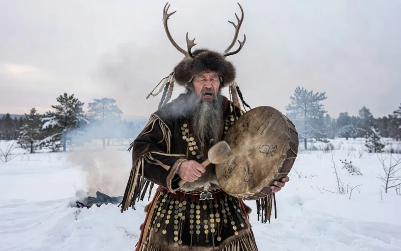 Chamane siberien en costume traditionnel jouant du tambour lors d'un rituel dans la steppe au coucher du soleil