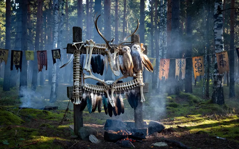 Oboo sacre bouriate decore de rubans colores sur une colline avec vue sur la steppe et le lac Baikal