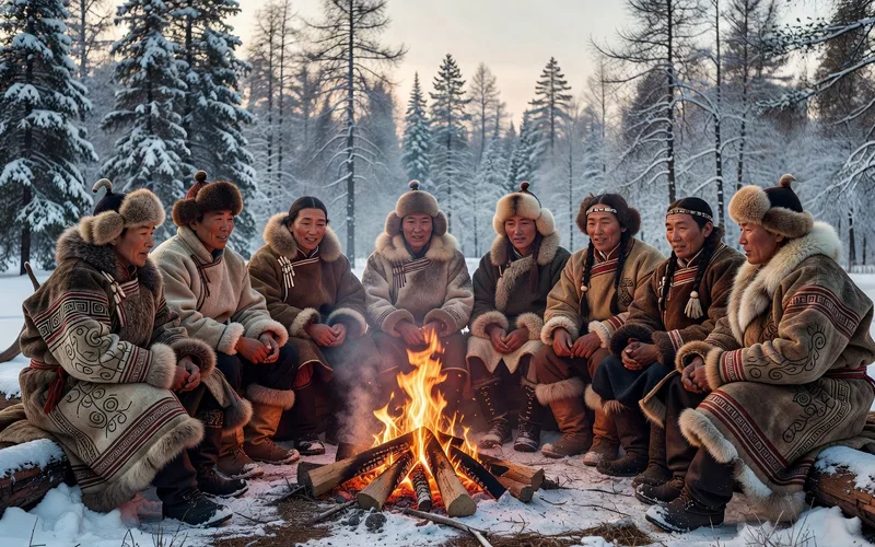 Tambour chamanique traditionnel siberien avec peintures rituelles pose contre un tronc de bouleau dans la taiga