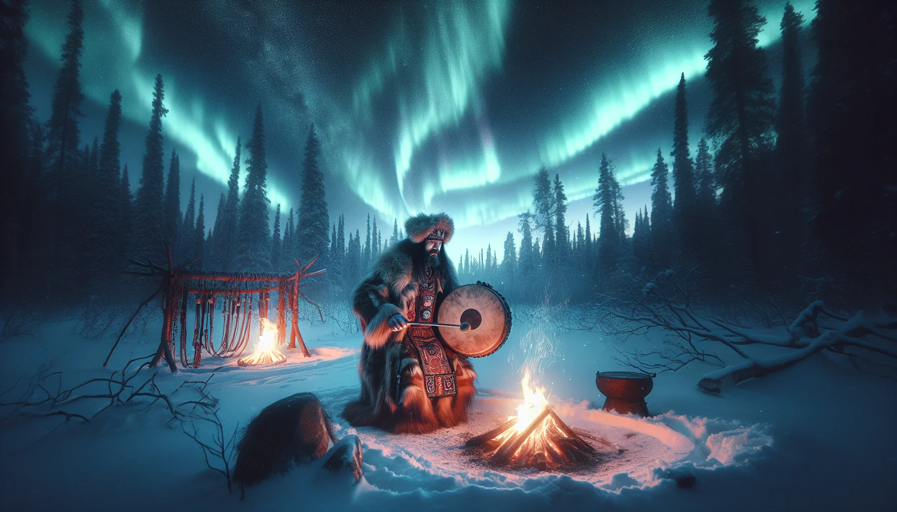 Chaman siberien en costume traditionnel lors d'un rituel dans la taiga enneigee