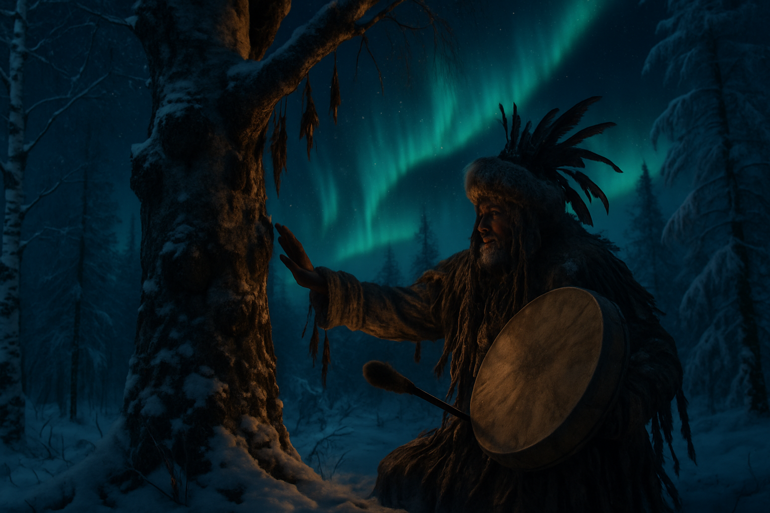 Chamane siberien effectuant un rituel sacre dans la taiga sous les aurores boreales
