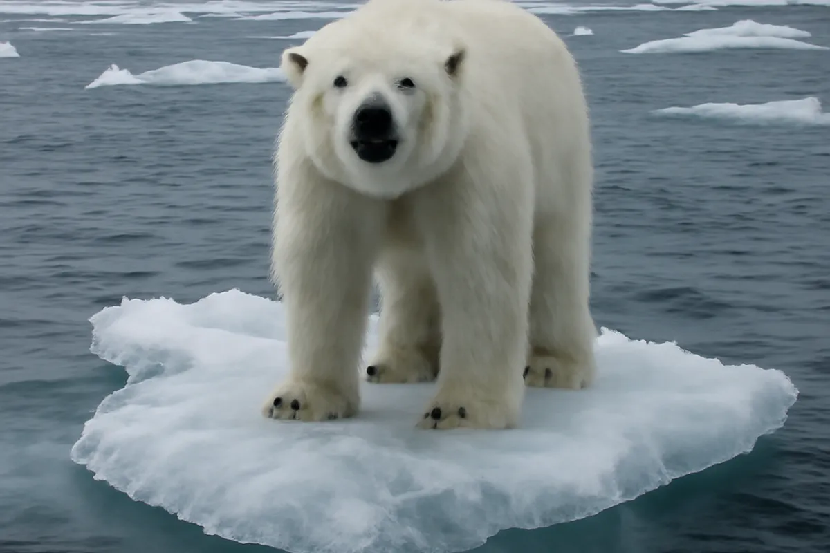 Ours polaire sur un fragment de banquise fondue en Arctique russe, symbole des conséquences du réchauffement climatique