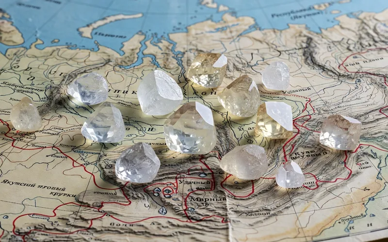 Vue rapprochee des terrasses en spirale de la mine de Mir avec des camions miniaturises par l'echelle du cratere