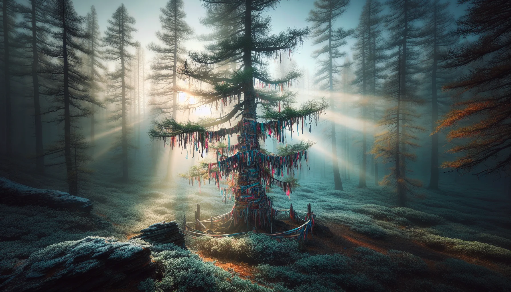 Rubans colores noues aux branches d'un arbre sacre dans la taiga siberienne