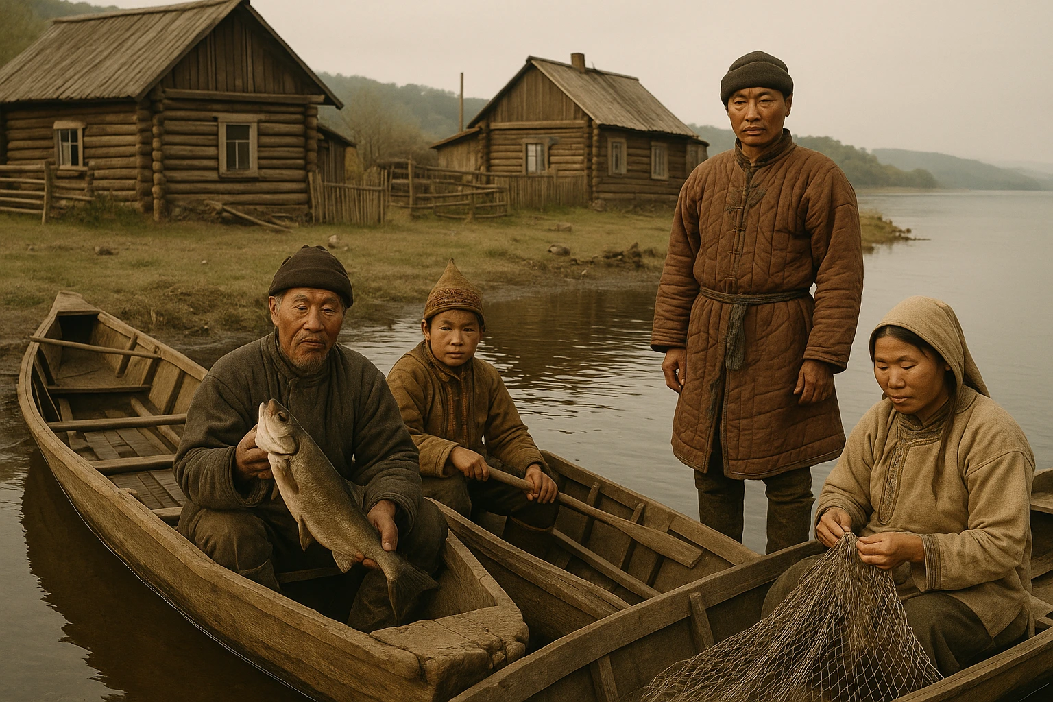 Embarcations de pêcheurs sur l'Amour près d'un village de la rive russe