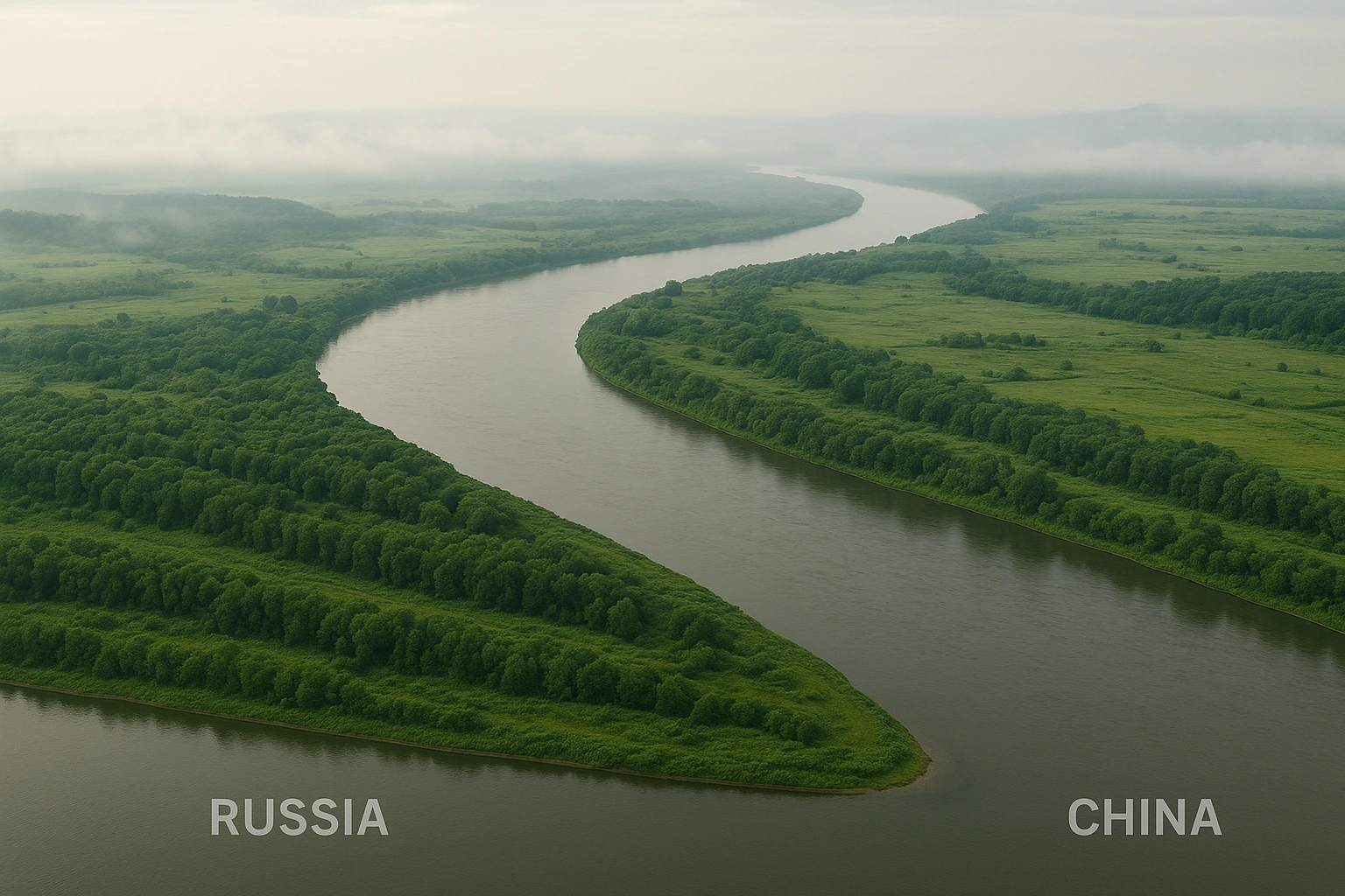Boucle du fleuve Amour près de Khabarovsk, frontière sino-russe en Extrême-Orient