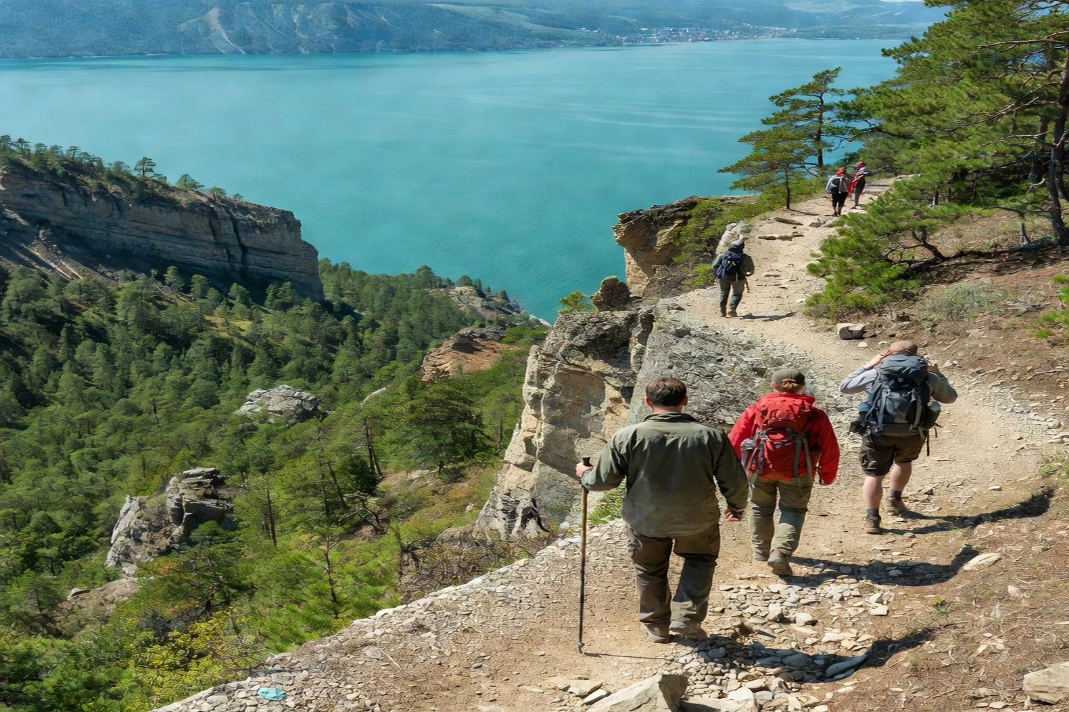 Randonneur sur un sentier de collines dominant le lac Baïkal gelé en hiver