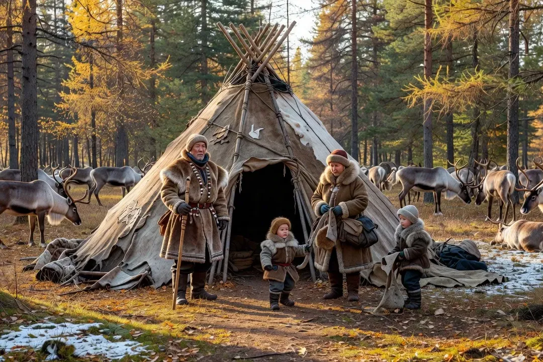 Campement évenk et troupeau de rennes dans la taïga de Sibérie orientale