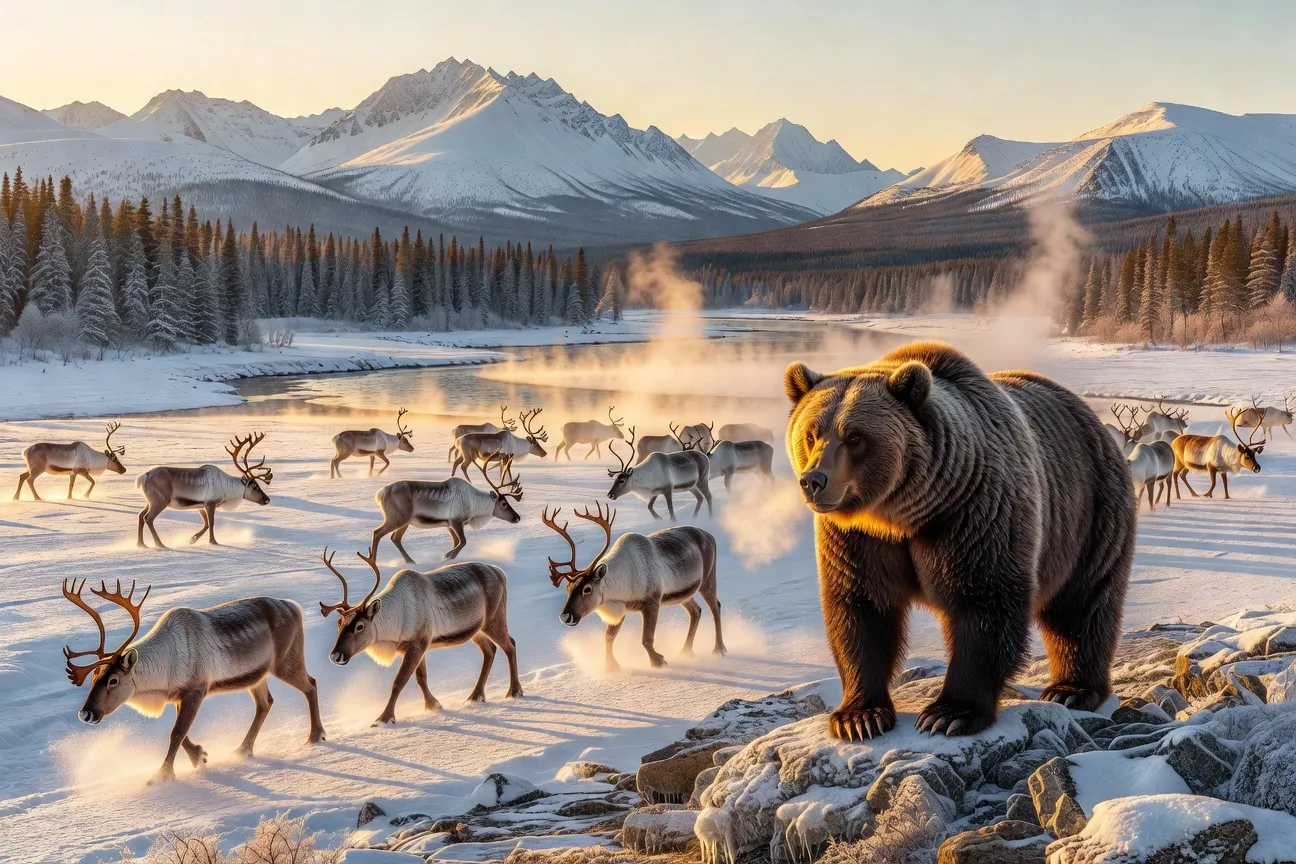 Ours brun, renne et paysage de toundra sibérienne au crépuscule
