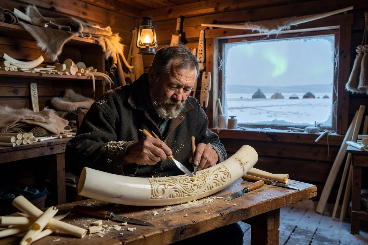 Artisan yakoute sculptant l'ivoire de mammouth dans un atelier du Grand Nord russe, outils traditionnels et défense fossile