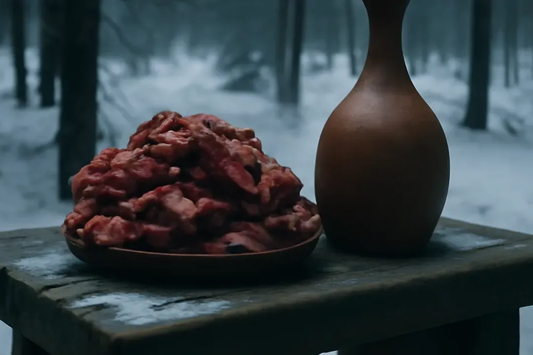 Offrande rituelle traditionnelle sibérienne disposée sur une table en bois dans la taïga enneigée