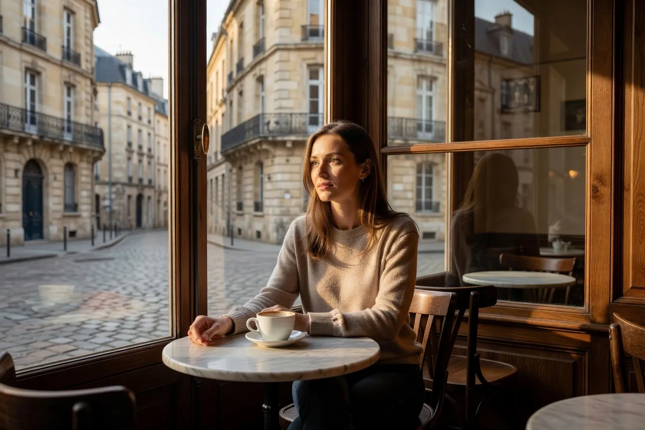 Jeune femme russe dans un café de Bordeaux, lumière naturelle chaude