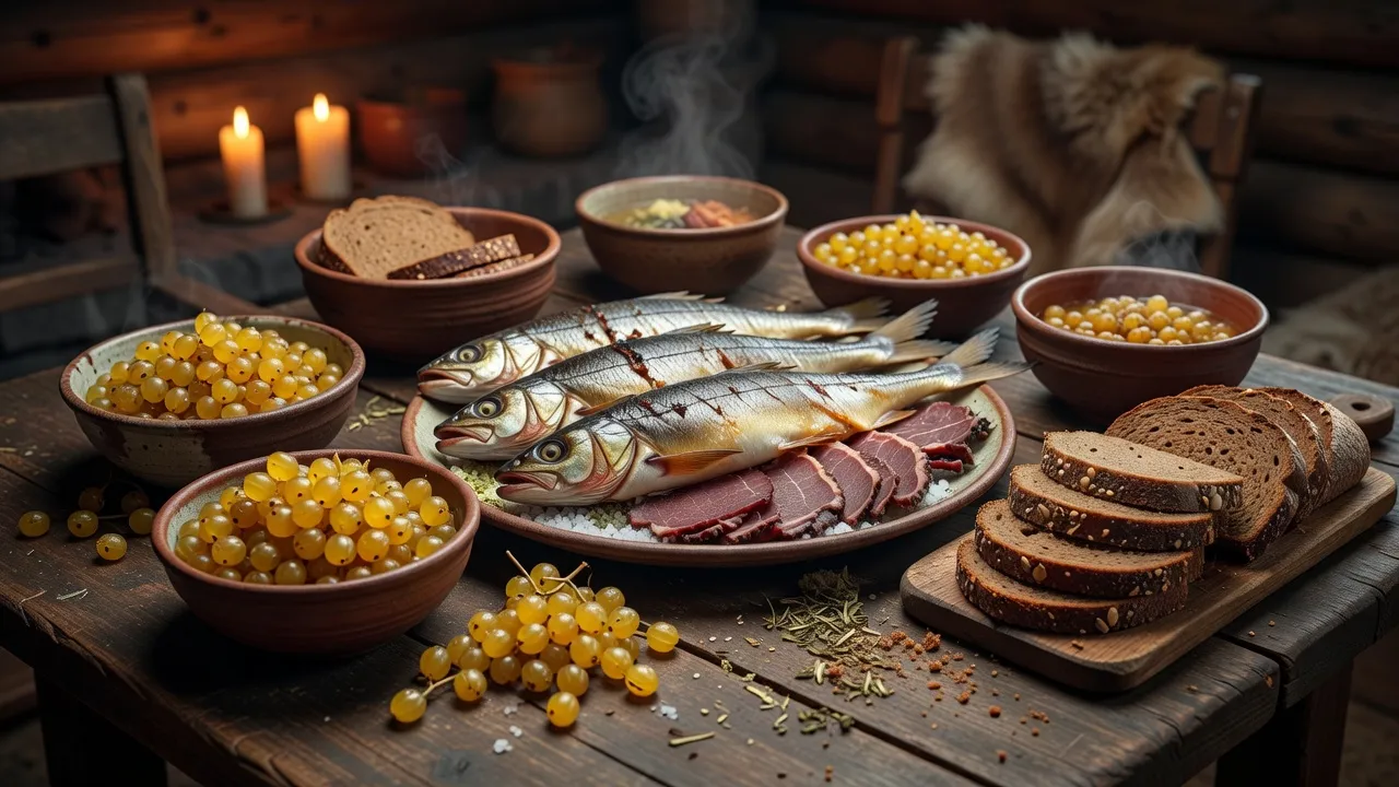 Plats traditionnels du Grand Nord russe : stroganina de muксun, viande de renne bouillie et baies arctiques sur une table en bois