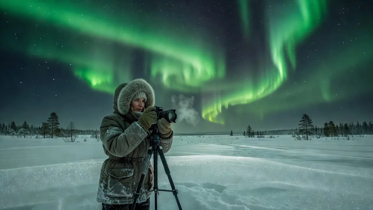 Aurores boréales au-dessus de la taïga enneigée aux environs de Yakutsk, Sibérie