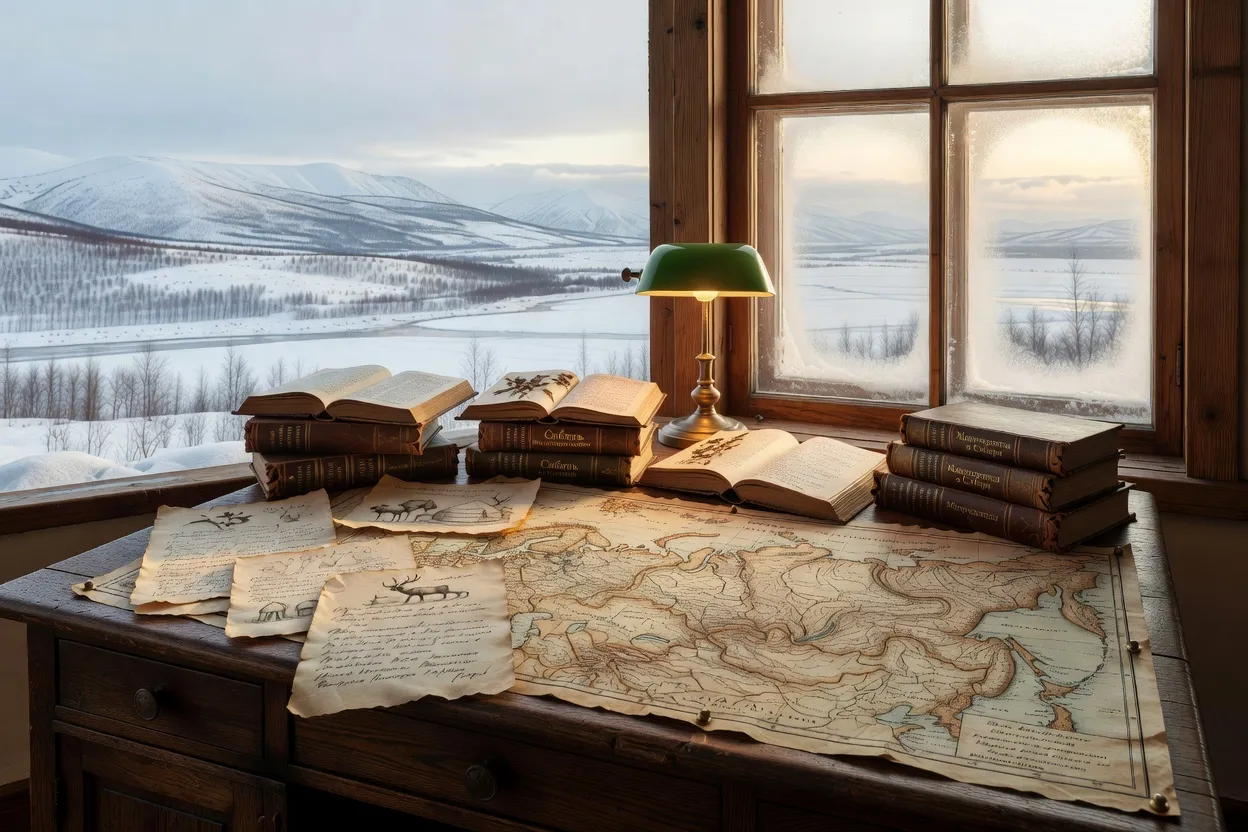 Bibliothèque ancienne avec livres reliés évoquant la littérature russe sur la Sibérie et le Grand Nord