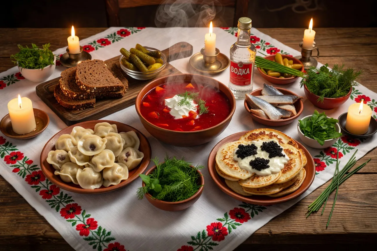 Table festive russe avec bortsch fumant, blinis, pelmeni et zakouski
