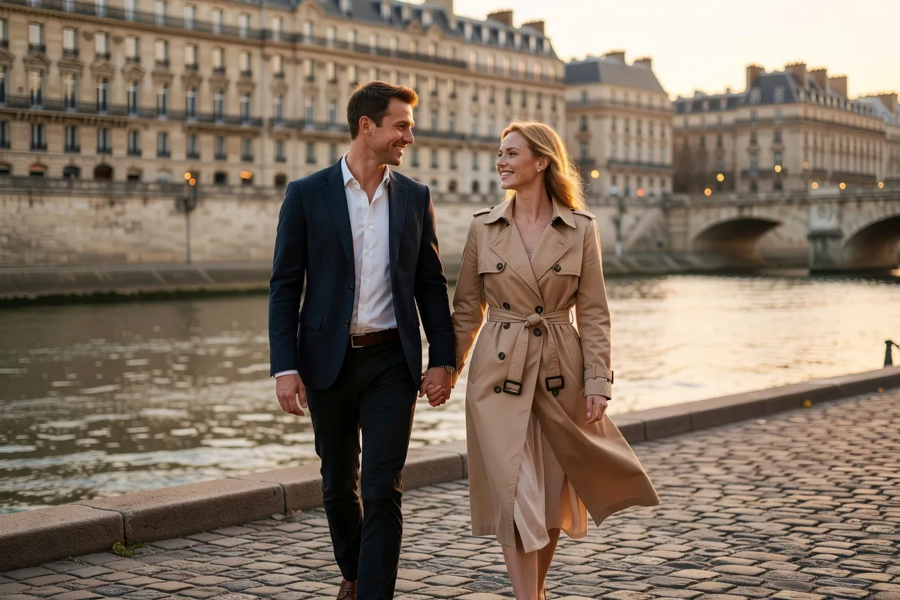 Couple franco-slave souriant dans un café parisien lumineux