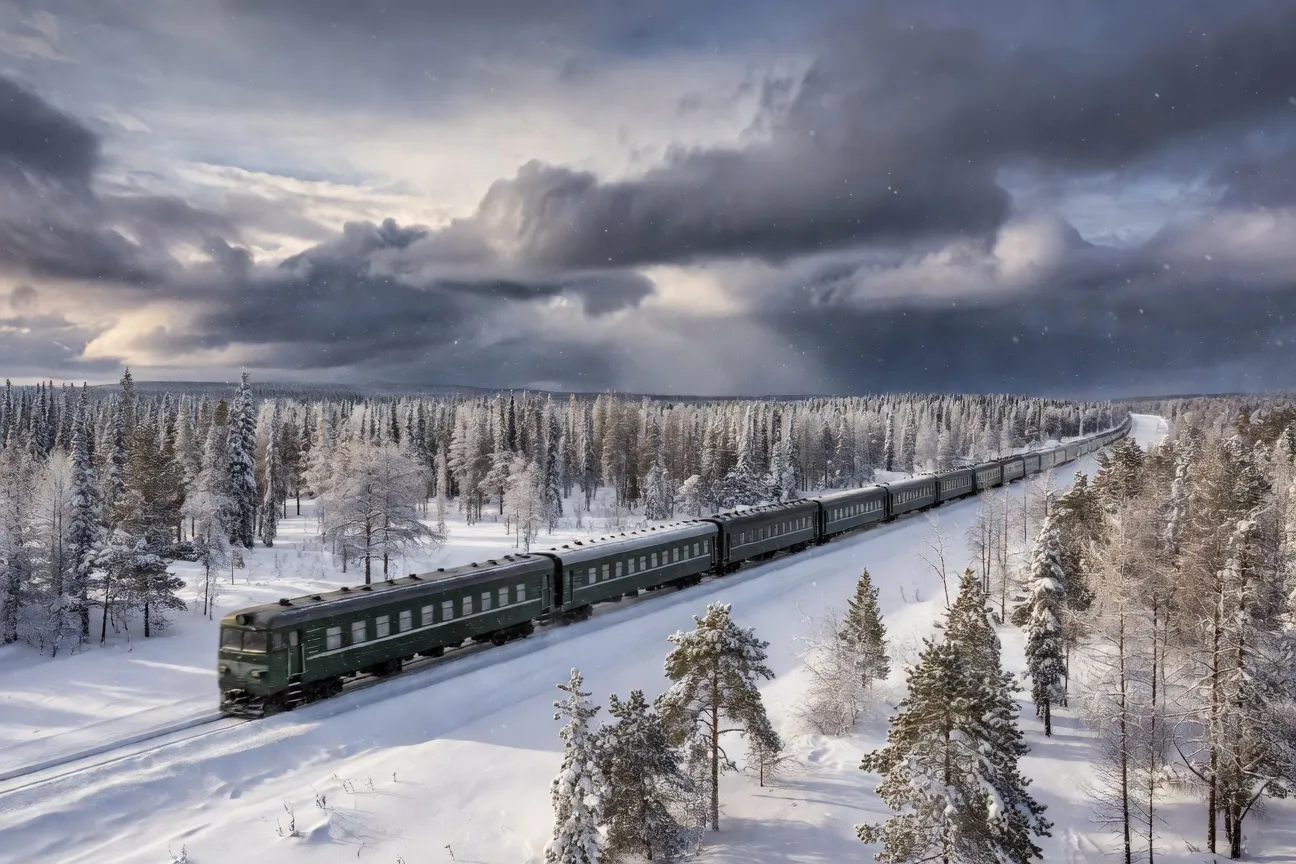 Train du Transsibérien traversant la taïga sibérienne en hiver