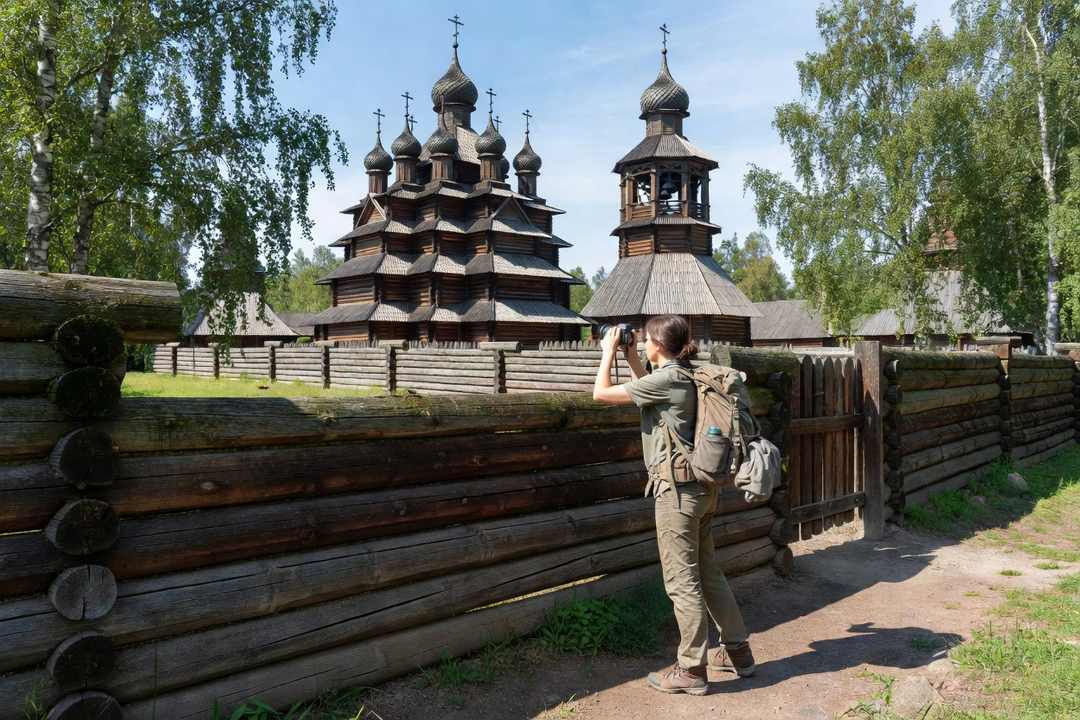 Visiteuse adulte avec sac à dos photographiant l'église de l'Intercession à neuf dômes derrière la palissade de rondins du pogost de Kizhi, clocher octogonal en arrière-plan, journée d'été en Carélie