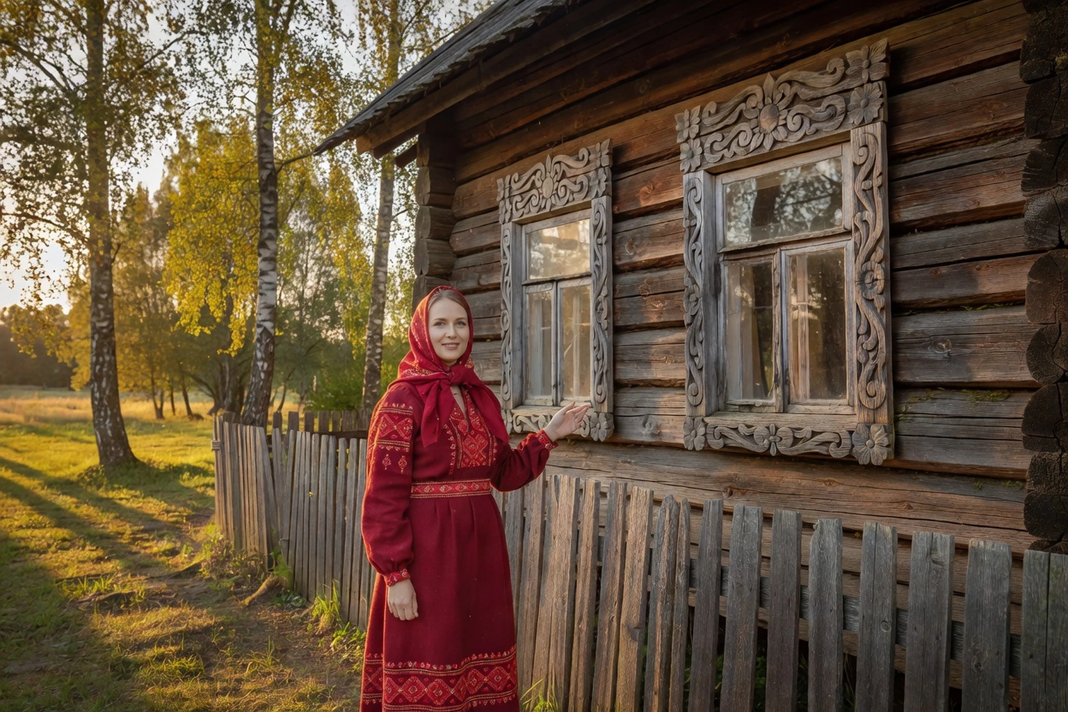 Artisane adulte en costume traditionnel carélien devant une izba en rondins du musée de Kizhi, joues de fenêtre sculptées et clôture de bois, ensoleillé
