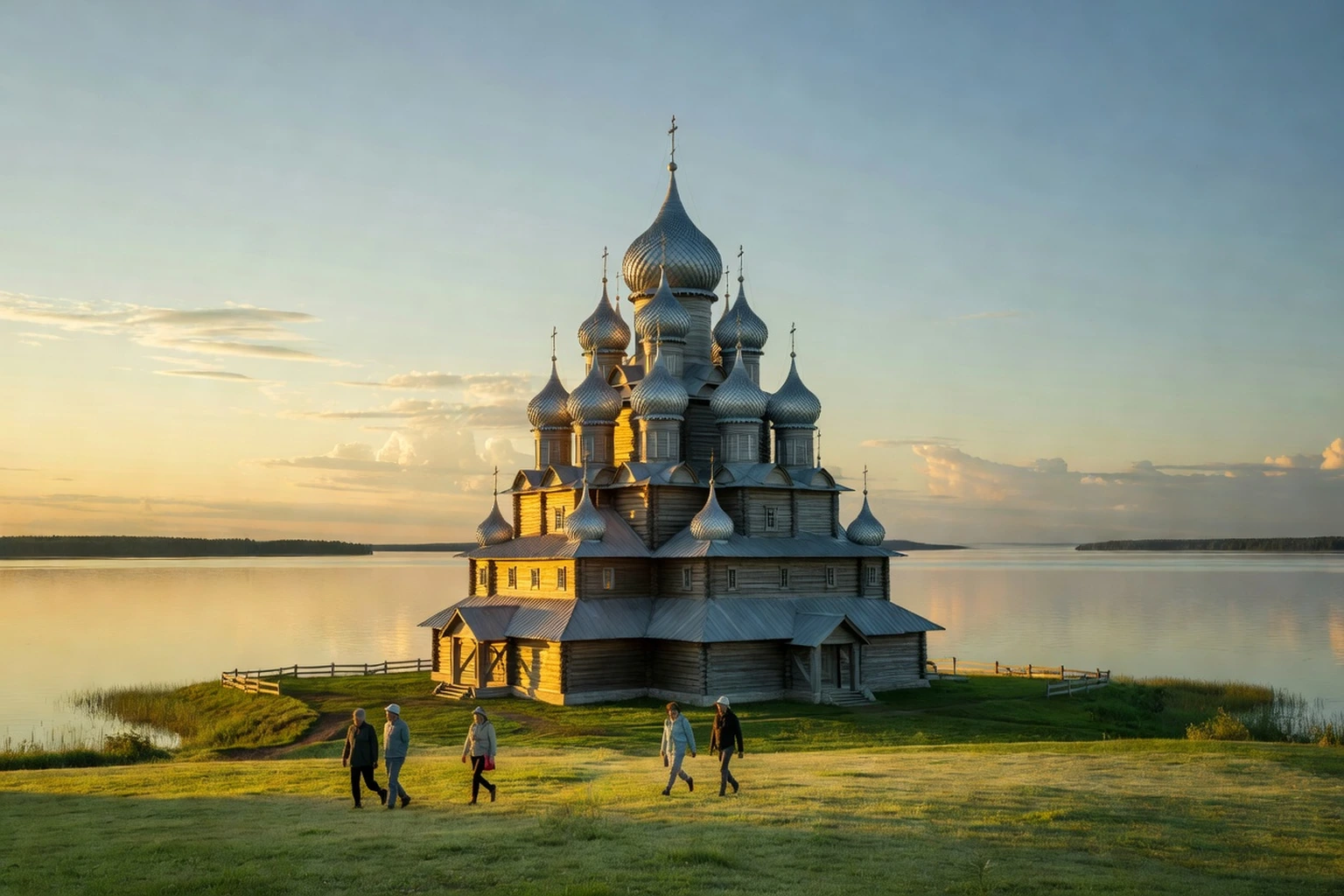 Église de la Transfiguration à 22 dômes de Kizhi vue depuis le lac Onega, visiteurs marchant sur la pelouse du pogost au coucher du soleil