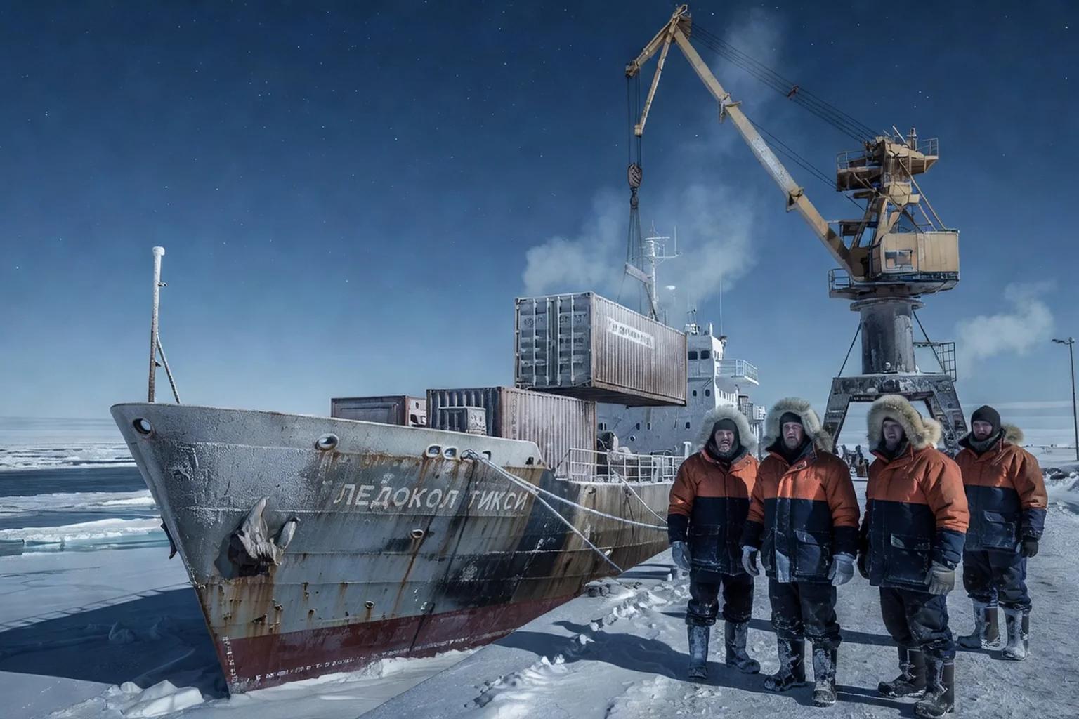 Brise-glace amarré au port de Tiksi, chargement de conteneurs par une grue sous le ciel bleuté de l'Arctique